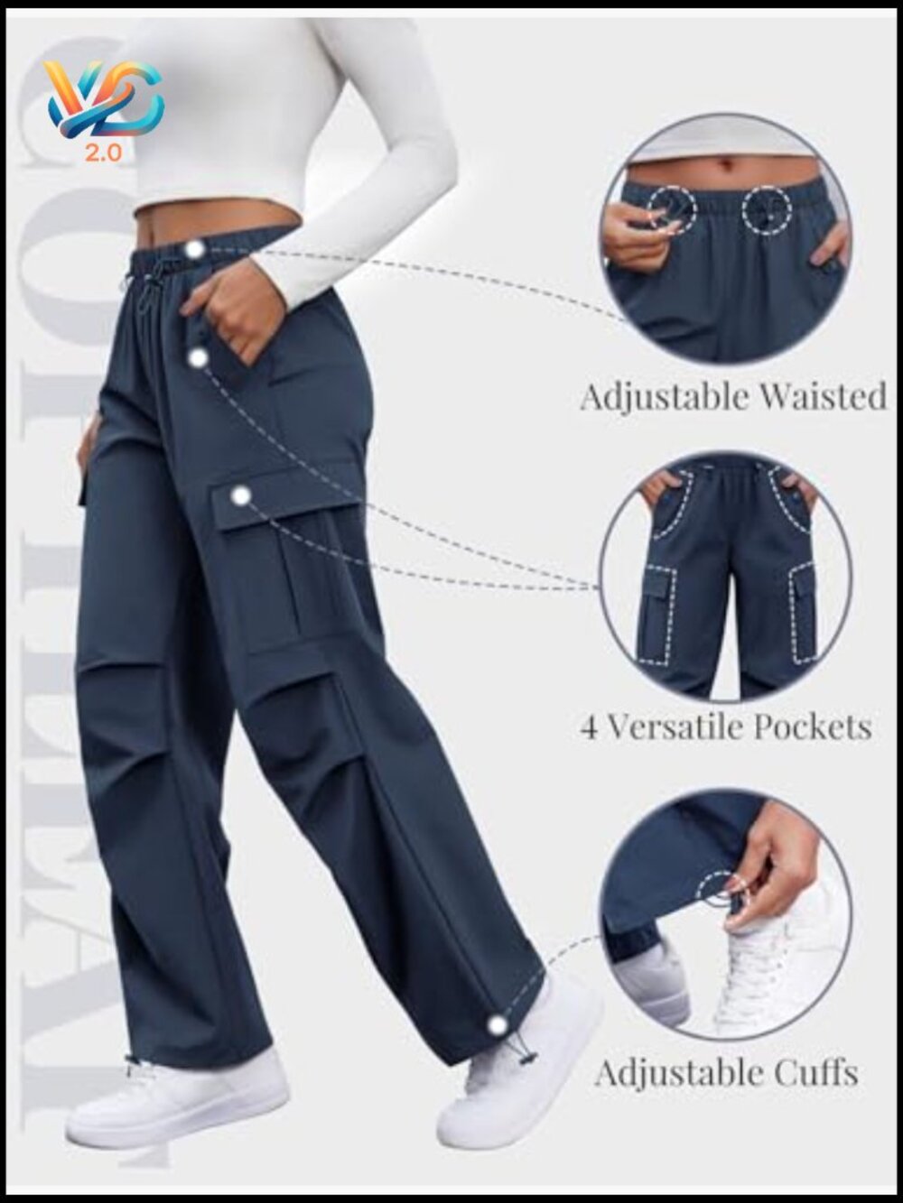 Cargo Pants Women Elastic Waist Parachute Hiking Pants Water-Resistant - Picture 5 of 6